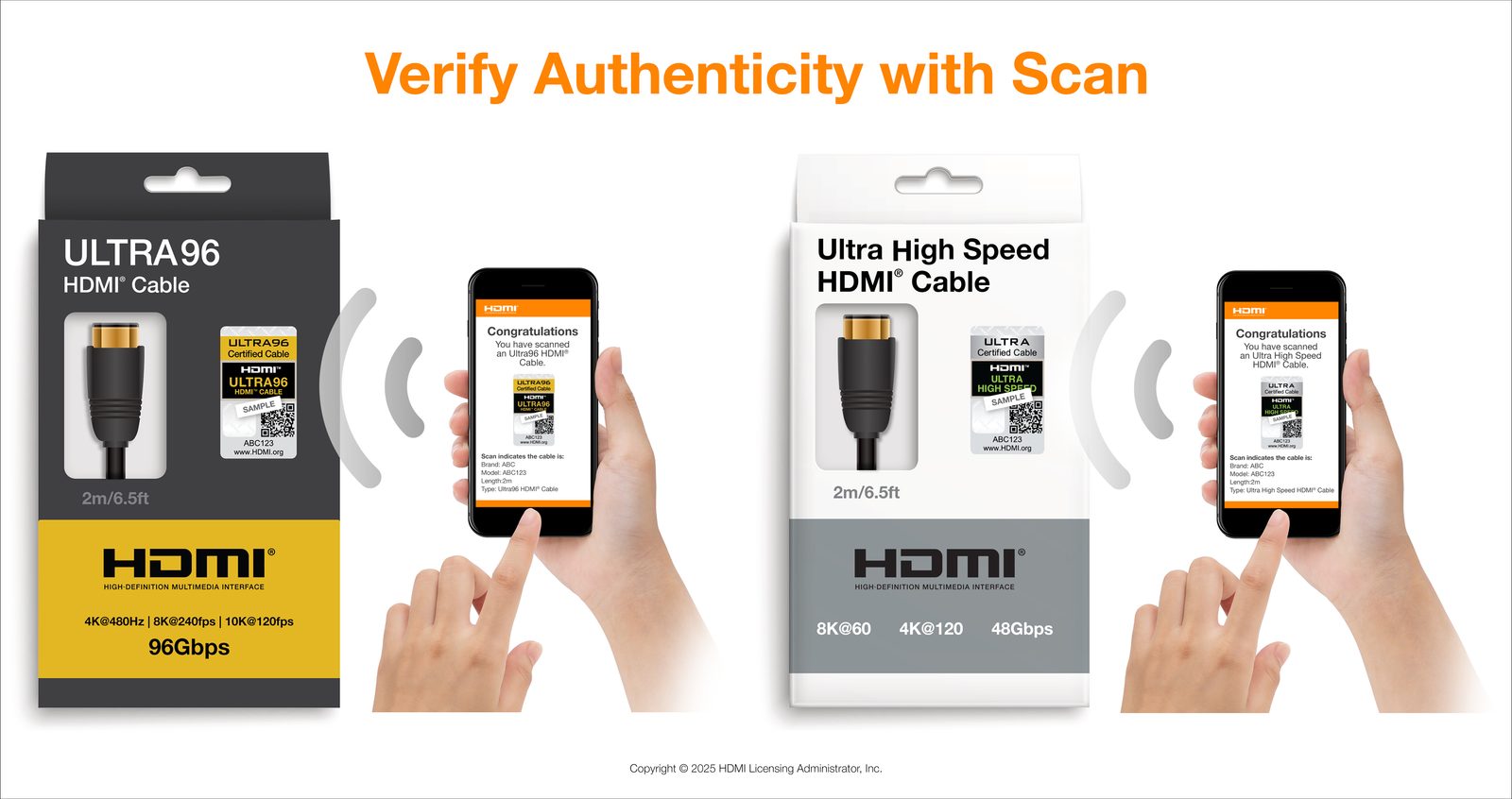 Scanning the QR code on an Ultra96 HDMI Cable certification label returns the brand, model, length and cable type